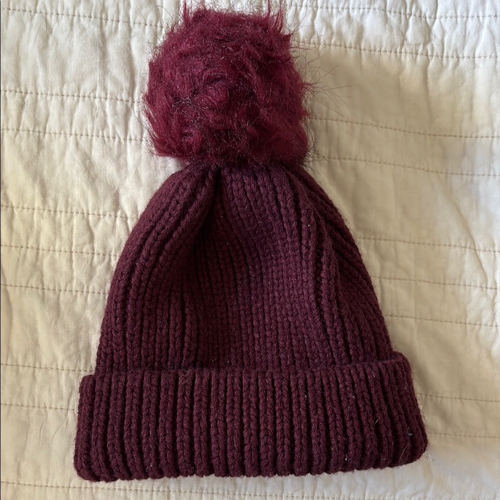 L.A. Hearts Burgundy Knit Beanie with Pom Pom